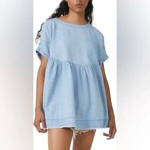 Free People Moon City Frayed-Hem Top Lollipop Blue Size M  MSRP $ 88